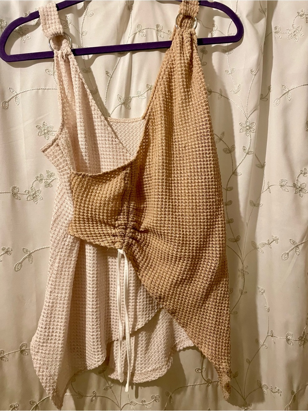 Waffle Knit Layered Tank Top - Cream & Tan